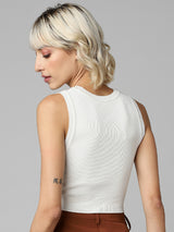 Women's White Knitted Casual Solid Cropped Sleeveless Top