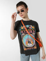 Women's Black Knitted Casual Printed Regular Fit Half Sleeves Tshirt
