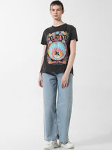 Women's Black Knitted Casual Printed Regular Fit Half Sleeves Tshirt