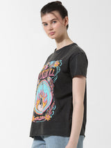 Women's Black Knitted Casual Printed Regular Fit Half Sleeves Tshirt