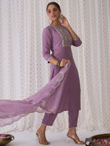 Women's Purple Embroidered Straight Kurta Trouser with Dupatta set