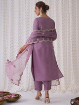 Women's Purple Embroidered Straight Kurta Trouser with Dupatta set