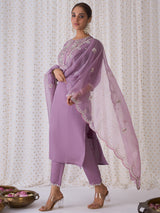 Women's Purple Embroidered Straight Kurta Trouser with Dupatta set