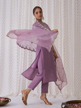Women's Purple Embroidered Straight Kurta Trouser with Dupatta set