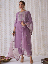 Women's Purple Embroidered Straight Kurta Trouser with Dupatta set
