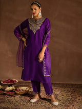 Women's Purple Embroidered Straight Kurta Trouser With Dupatta set