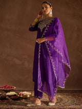 Women's Purple Embroidered Straight Kurta Trouser With Dupatta set