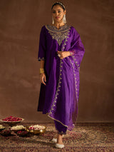 Women's Purple Embroidered Straight Kurta Trouser With Dupatta set