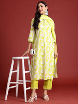 Women's Green Printed Straight Kurta Trousers With Dupatta Set