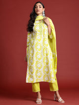 Women's Green Printed Straight Kurta Trousers With Dupatta Set