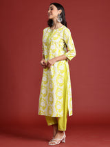 Women's Green Printed Straight Kurta Trousers With Dupatta Set