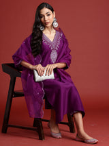 Women's Purple Embroidered Straight Kurta Trouser With Dupatta set