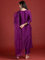 Women's Purple Embroidered Straight Kurta Trouser With Dupatta set
