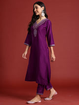 Women's Purple Embroidered Straight Kurta Trouser With Dupatta set