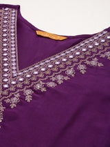 Women's Purple Embroidered Straight Kurta Trouser With Dupatta set