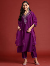 Women's Purple Embroidered Straight Kurta Trouser With Dupatta set