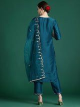 Women's Teal Embroidered Straight Kurta Trouser With Dupatta set