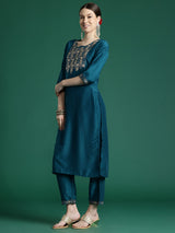 Women's Teal Embroidered Straight Kurta Trouser With Dupatta set