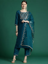 Women's Teal Embroidered Straight Kurta Trouser With Dupatta set