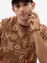 Men's Brown Casual Printed Oversized Fit Half Sleeves Tshirt