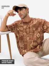 Men's Brown Casual Printed Oversized Fit Half Sleeves Tshirt