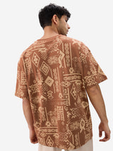 Men's Brown Casual Printed Oversized Fit Half Sleeves Tshirt