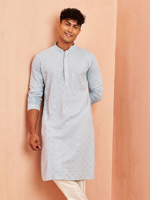 Men's Blue Aqua Schiffli Embroidered Rayon Kurta