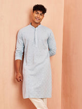 Men's Blue Aqua Schiffli Embroidered Rayon Kurta