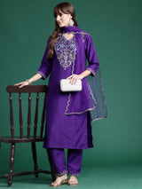 Women's Purple Embroidered Straight Kurta Trouser With Dupatta Set