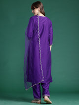 Women's Purple Embroidered Straight Kurta Trouser With Dupatta Set