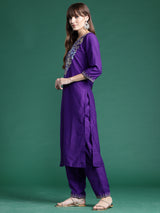 Women's Purple Embroidered Straight Kurta Trouser With Dupatta Set