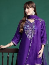 Women's Purple Embroidered Straight Kurta Trouser With Dupatta Set