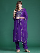 Women's Purple Embroidered Straight Kurta Trouser With Dupatta Set