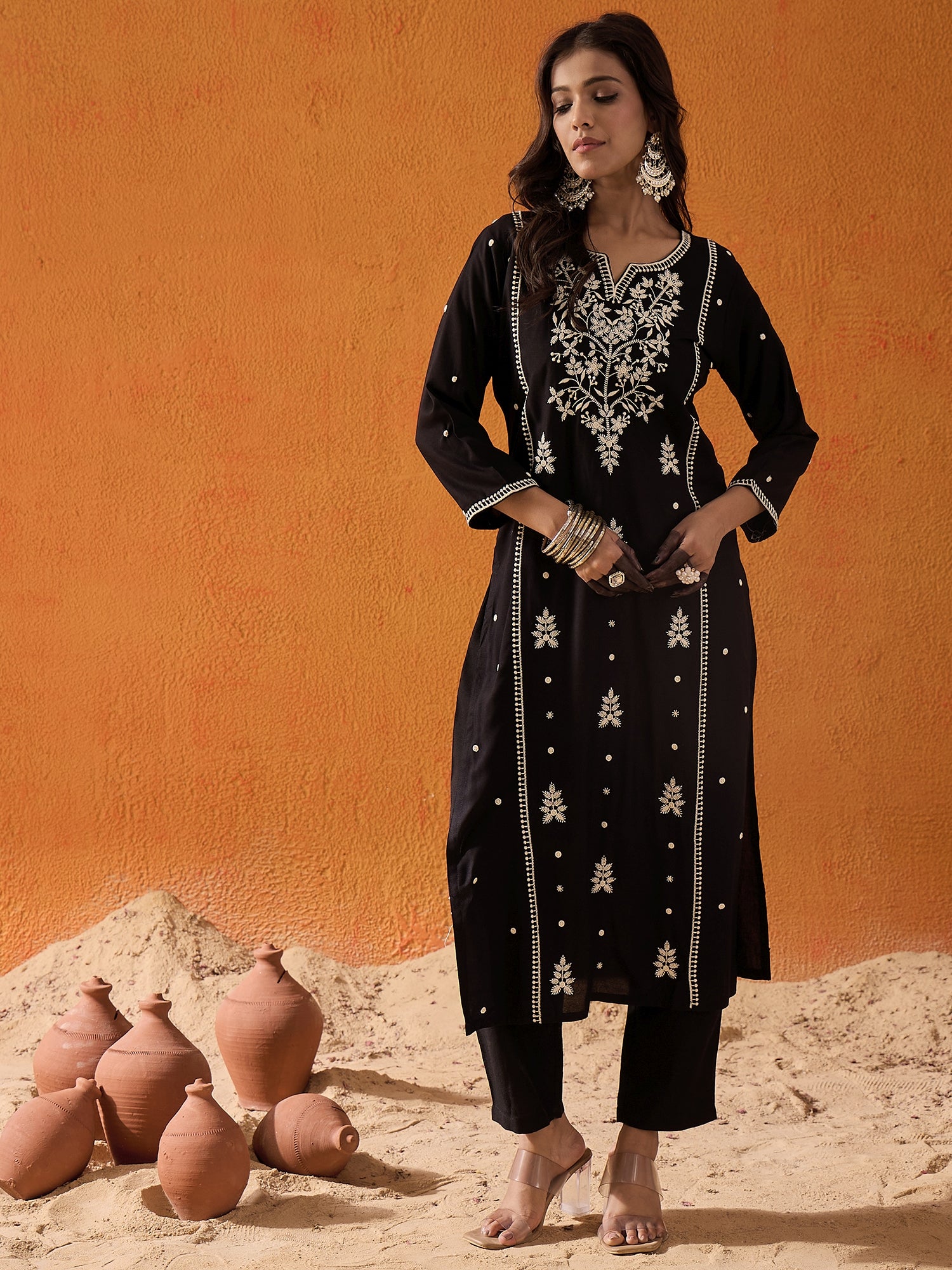 Women's Black Embroidered Straight Kurta