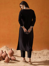 Women's Black Embroidered Straight Kurta