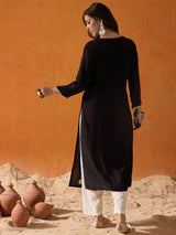 Women's Black Ethnic Round Neck Three Quarter Sleeves Kurta