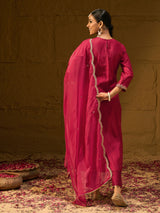 Women's Red Embroidered Straight Kurta Trouser With Dupatta Set
