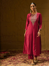Women's Red Embroidered Straight Kurta Trouser With Dupatta Set