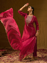 Women's Red Embroidered Straight Kurta Trouser With Dupatta Set