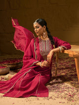 Women's Red Embroidered Straight Kurta Trouser With Dupatta Set