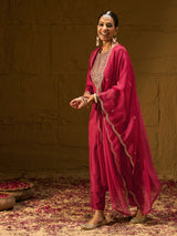 Women's Red Embroidered Straight Kurta Trouser With Dupatta Set