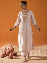 Women's Off White Embroidered Straight Kurta Trouser With Dupatta set