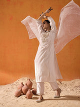 Women's Off White Embroidered Straight Kurta Trouser With Dupatta set