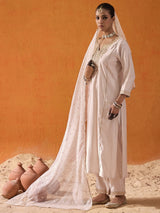 Women's Off White Embroidered Straight Kurta Trouser With Dupatta set