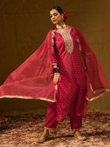 Women's Red Embroidered Straight Kurta Trouser With Dupatta set