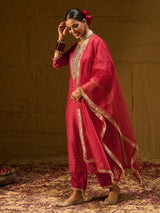 Women's Red Embroidered Straight Kurta Trouser With Dupatta set
