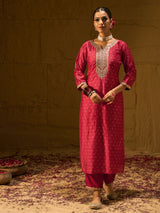 Women's Red Embroidered Straight Kurta Trouser With Dupatta set