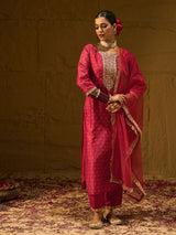 Women's Red Embroidered Straight Kurta Trouser With Dupatta set
