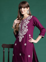 Women's Purple Embroidered Straight Kurta