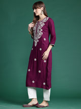 Women's Purple Embroidered Straight Kurta